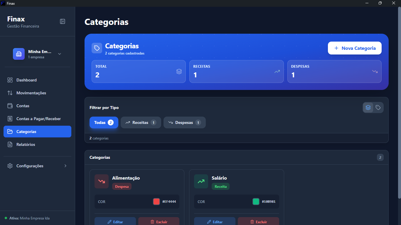 Ecrã Categorias do Finax