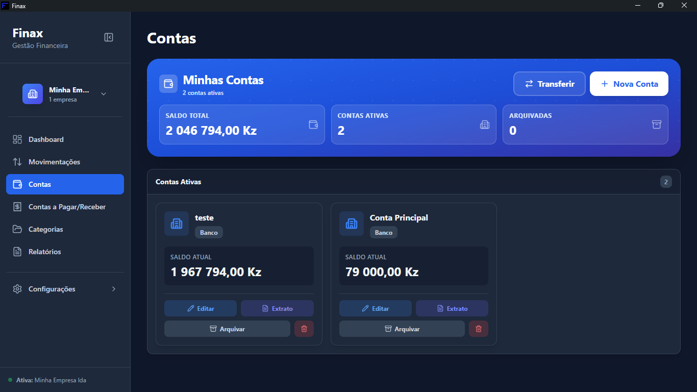 Ecrã Contas do Finax