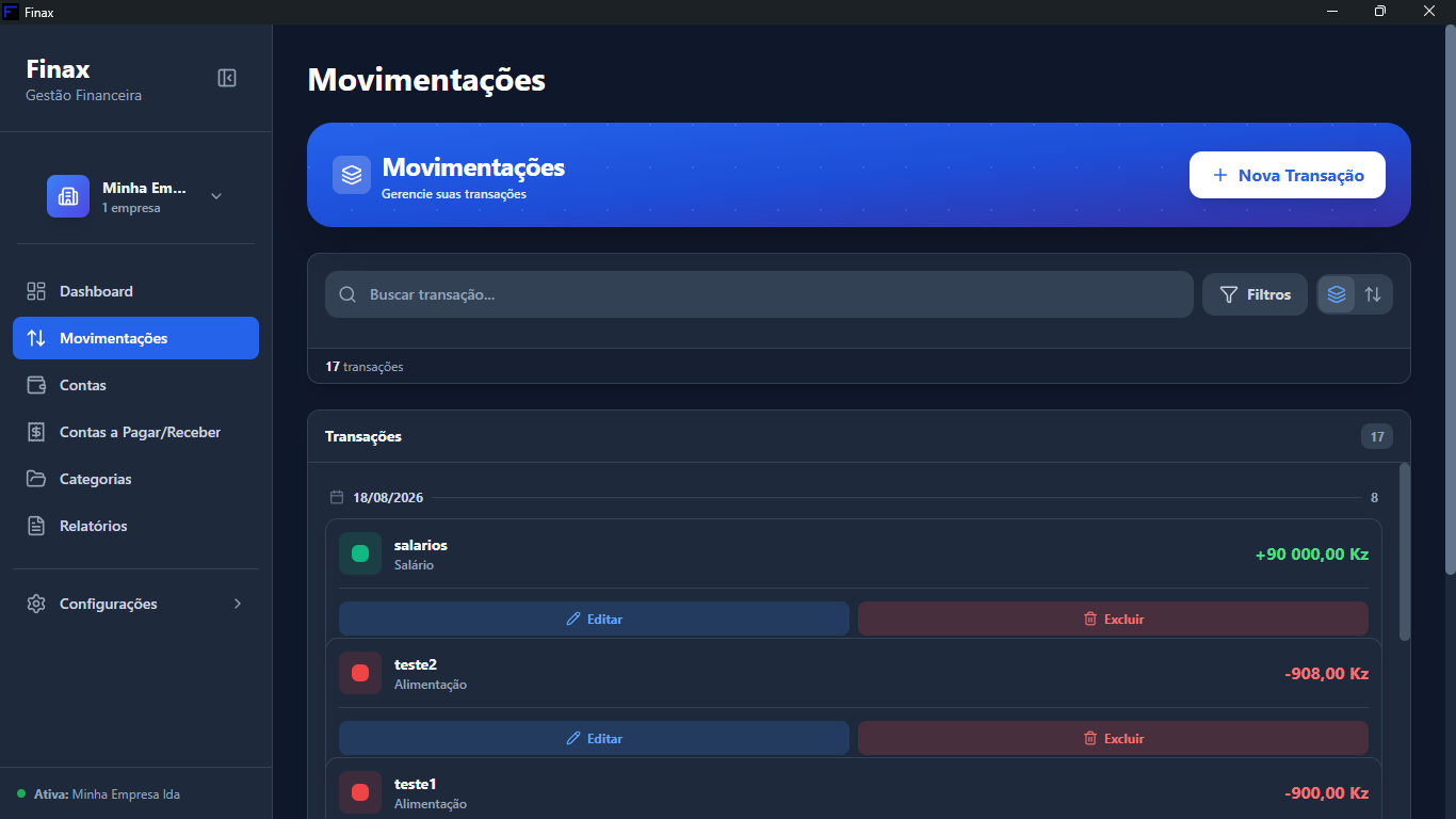 Ecrã Movimentações do Finax